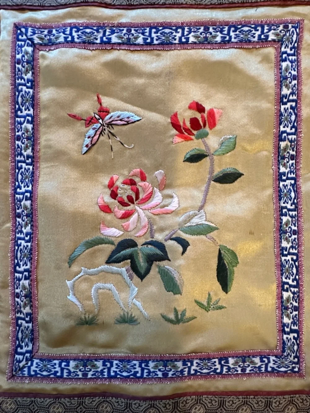 Gold Embroidered Floral Silk Wall Hanging - Decorative Home Accent